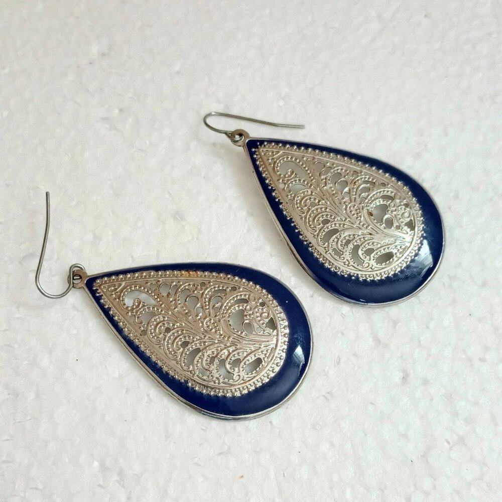 Navy Enamel Filigree Teardrop Earrings  Silver Tone Retro Boho Hook Dangles